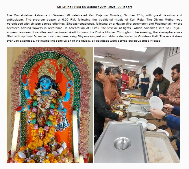 Kali Puja Celebration at Ramakrishna Ashrama, Warren, MI